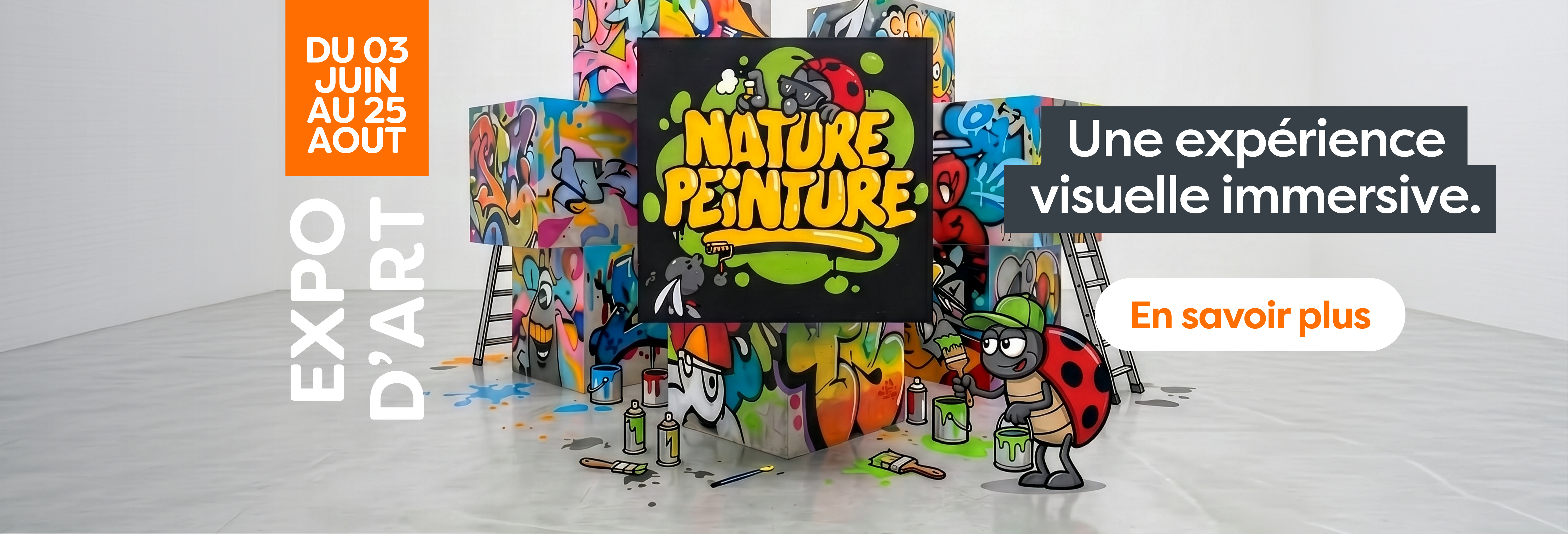 Visuel de l'événement MON EXPO, qui montre une animation artistique avec des cubes peints et graphés